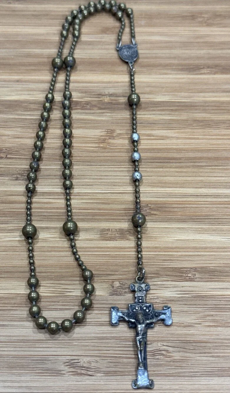 Vintage Military Service Combat Rosary Brass Beads Pull-Chain 